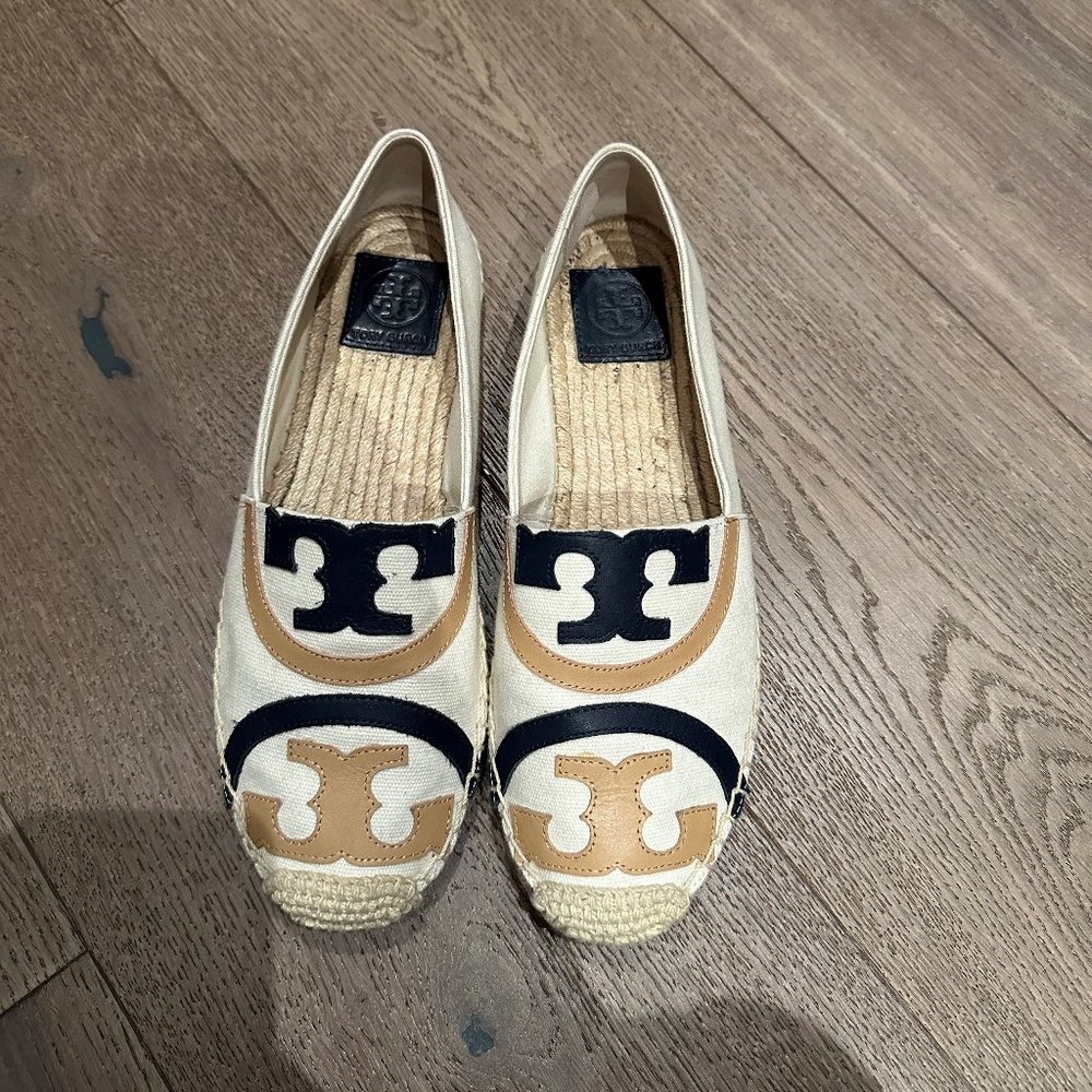 Tory Burch Poppy Logo Espadrille Canvas Leather Navy and Tan Shoe - Size 8.5